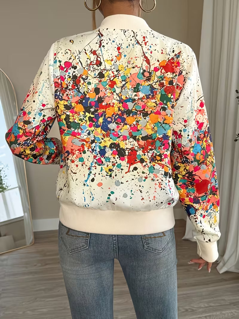 Deloova | Abstract Print Bomber Jacket with Zip Front