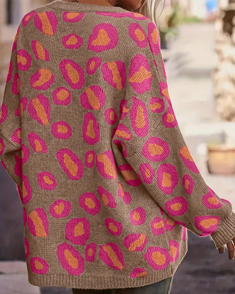 Sophie | Sweater Taupe Pink Leopard Print V-Neck Knit
