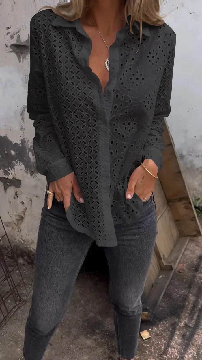 Tommie | Eyelet Button-Up Long Sleeve Blouse
