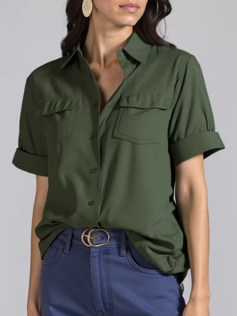 Ornilla | Short Sleeve Button Front Pocket Blouse