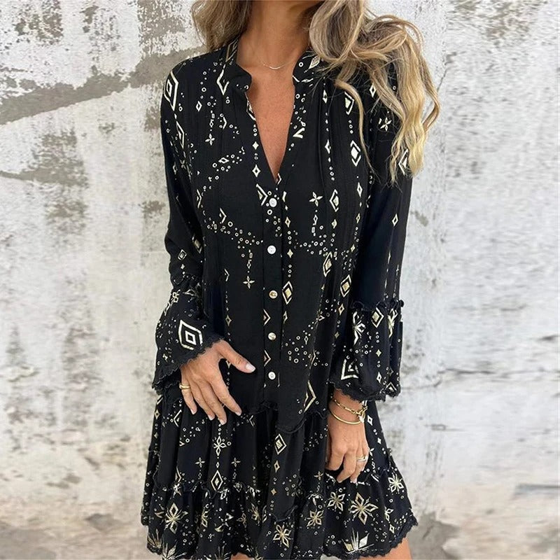 Gillian | Printed V-Neck Ruffle Dress
