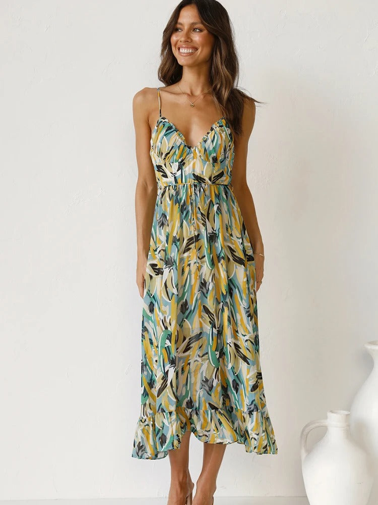 Emmeline | Printed Sleeveless V Neck Midi Dress