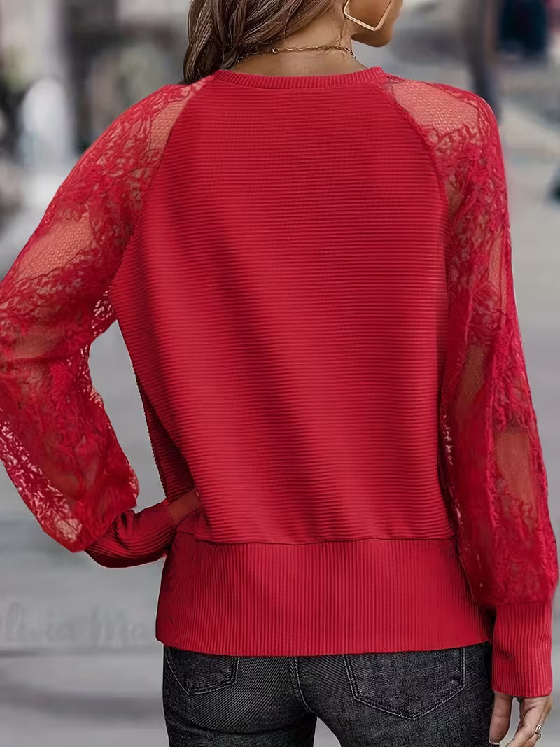 Melionina | V-Neck Lace Sleeve Ribbed Top