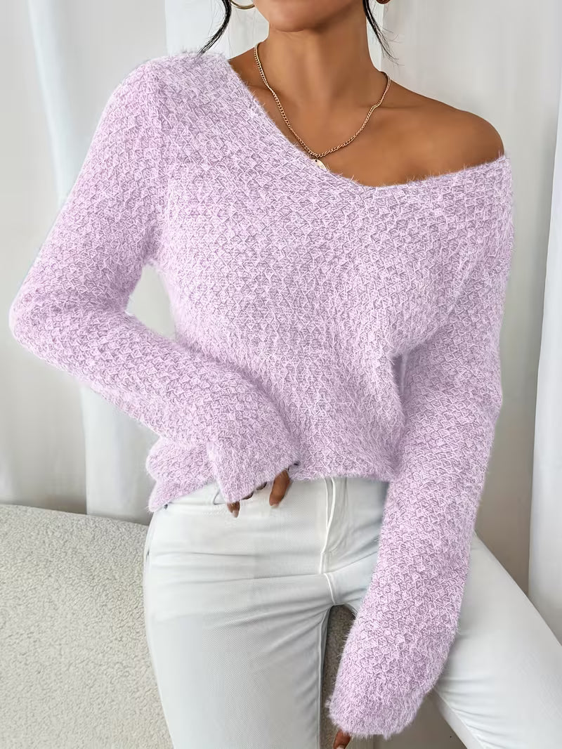Aderah | Textured V-Neck Long Sleeve Knit Sweater