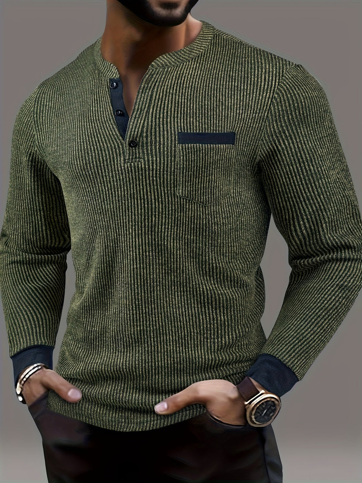 Lorcmir | Textured Striped Long Sleeve Henley Shirt