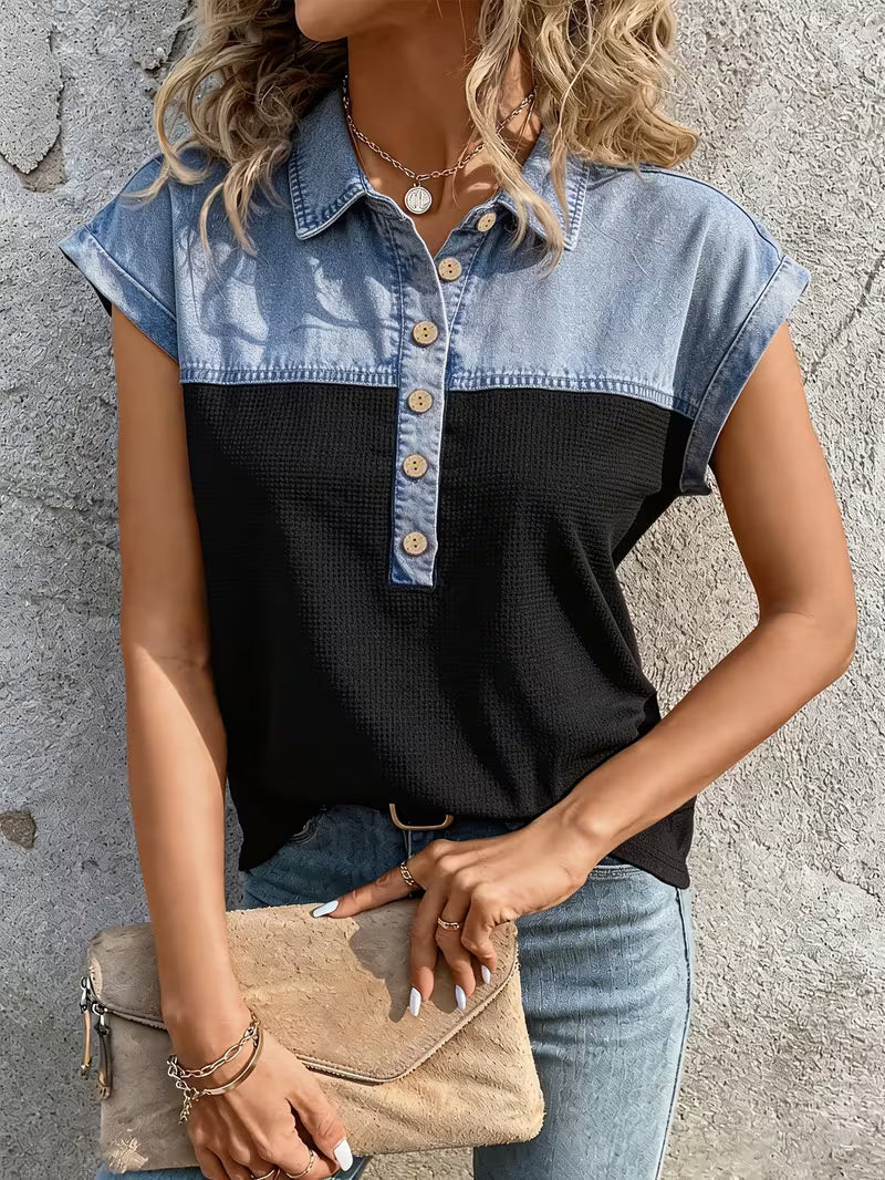 Haily | Denim Patchwork Collared Short Sleeve Top