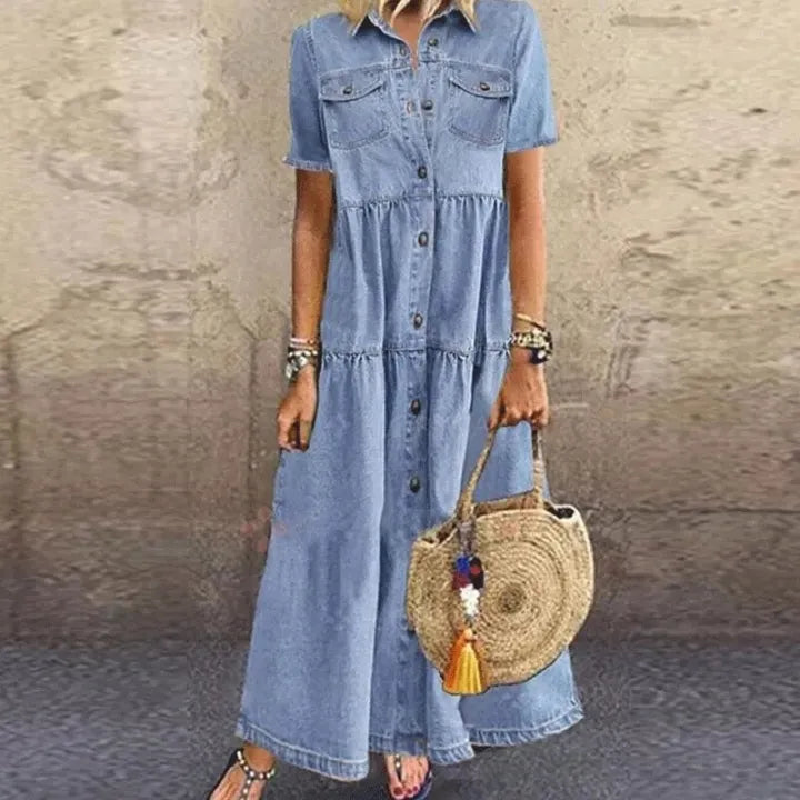 Gudelia | Denim Style Tiered Shirt Dress