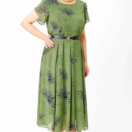 Basma | Leaf Print Short Sleeve Midi Dress