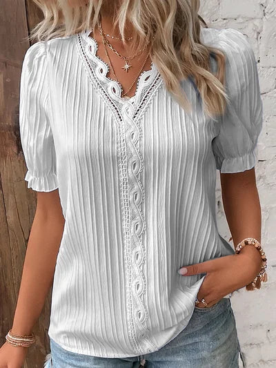 Madelen | V Neck Lace Trim Pleated Blouse
