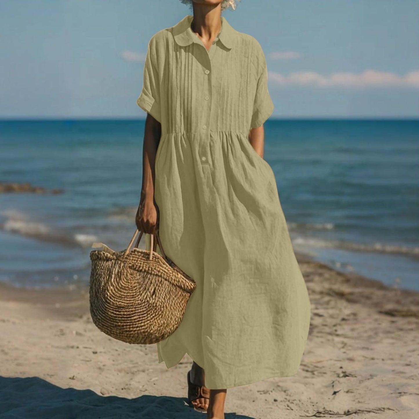 Janny - Short Sleeve Loose Midi Shirt Dress