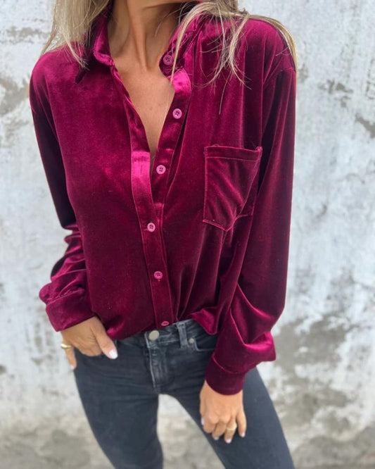 Arinka | Velvet Long Sleeve Button Front Shirt