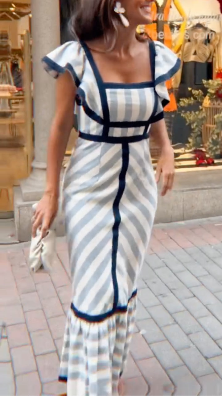 Lileeka | Striped Ruffle Sleeve Square Neck Dress
