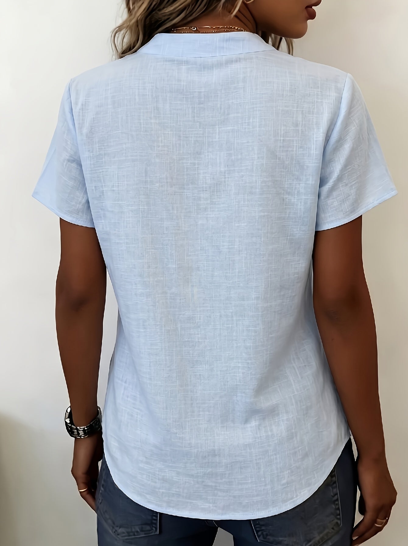 Salish | Short Sleeve Button Front V Neck Blouse
