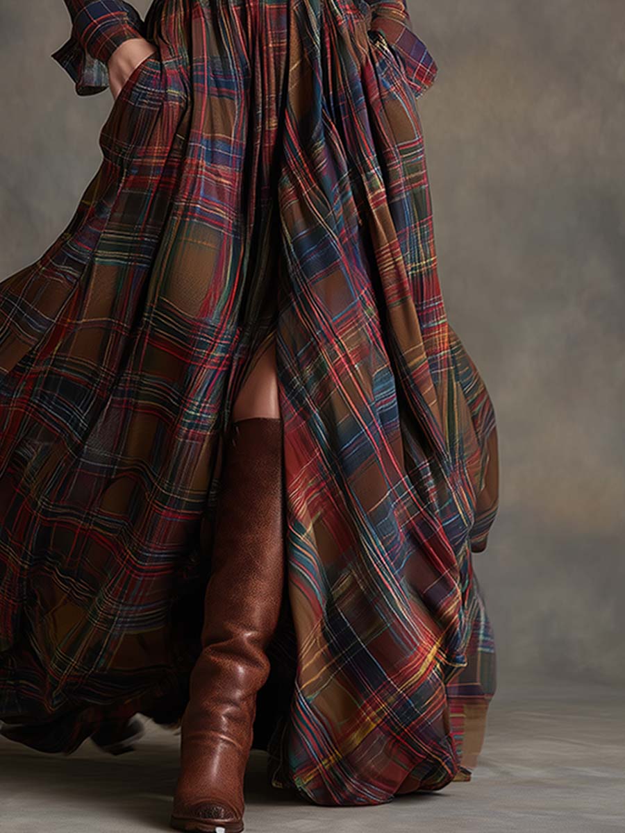 Hadasa | Plaid Collared Long Sleeve Maxi Dress