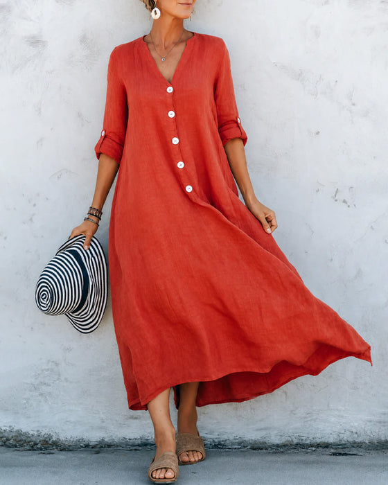 Lizie | Long V Neck Button Front Maxi Dress