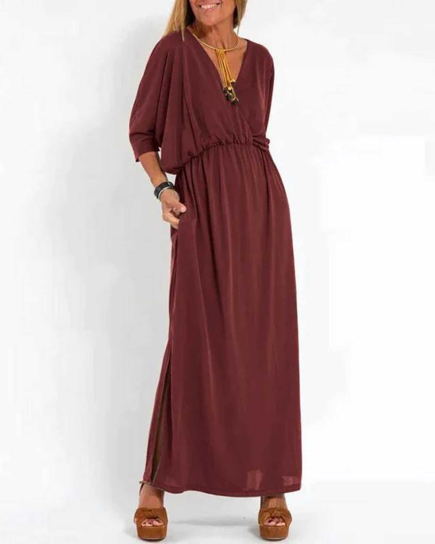 Janell | V Neck Batwing Sleeve Maxi Dress