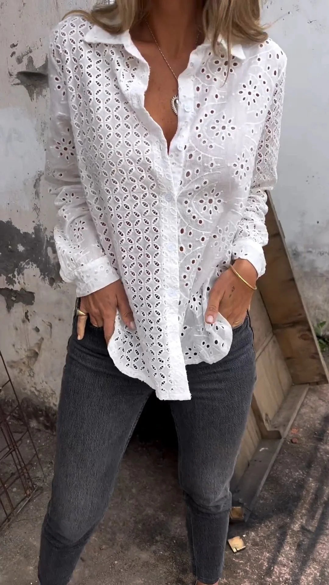 Tommie | Eyelet Button-Up Long Sleeve Blouse