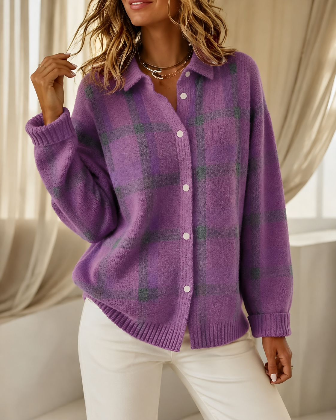 Liselotte | Cardigan With Plaid Pattern and Long Sleeves
