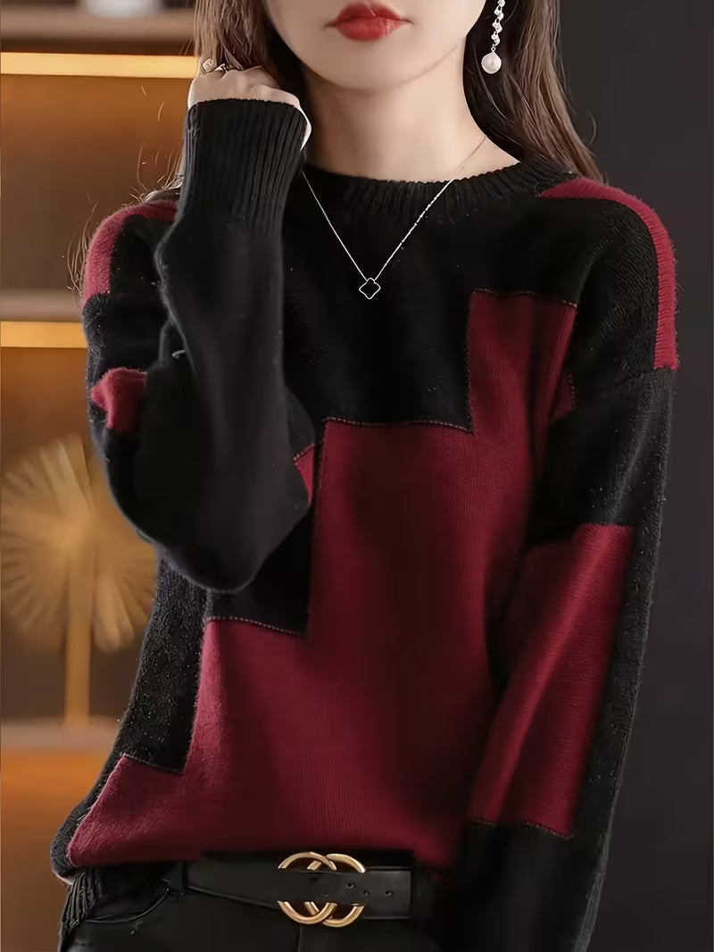Marvelle | Color Block Crew Neck Long Sleeve Sweater