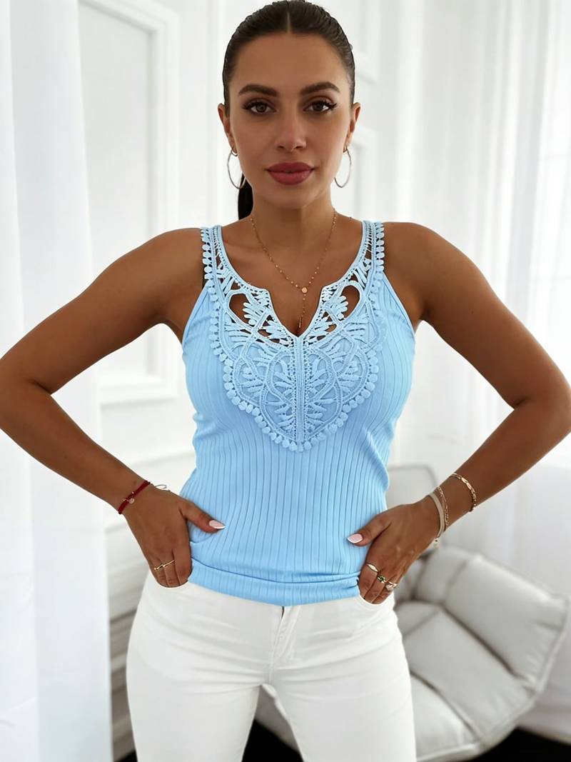 Hajar | Ribbed Sleeveless Lace V-Neck Tank Top