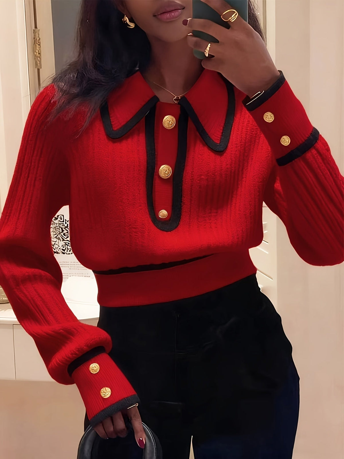 Roweina | Long Sleeve Contrast Trim Button Sweater