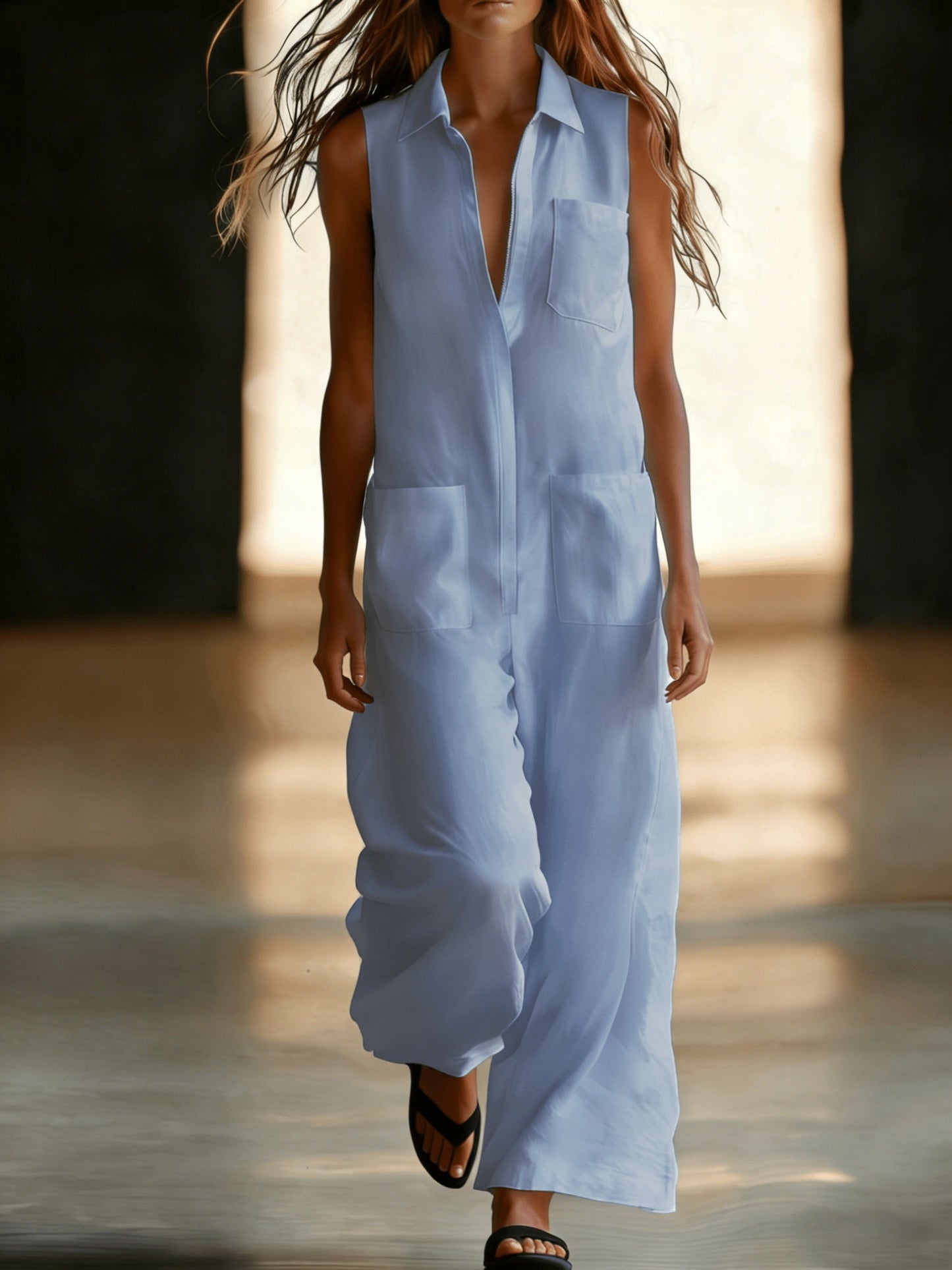 Kristiana | Wide Leg Sleeveless Collared Utility Jumpsuit