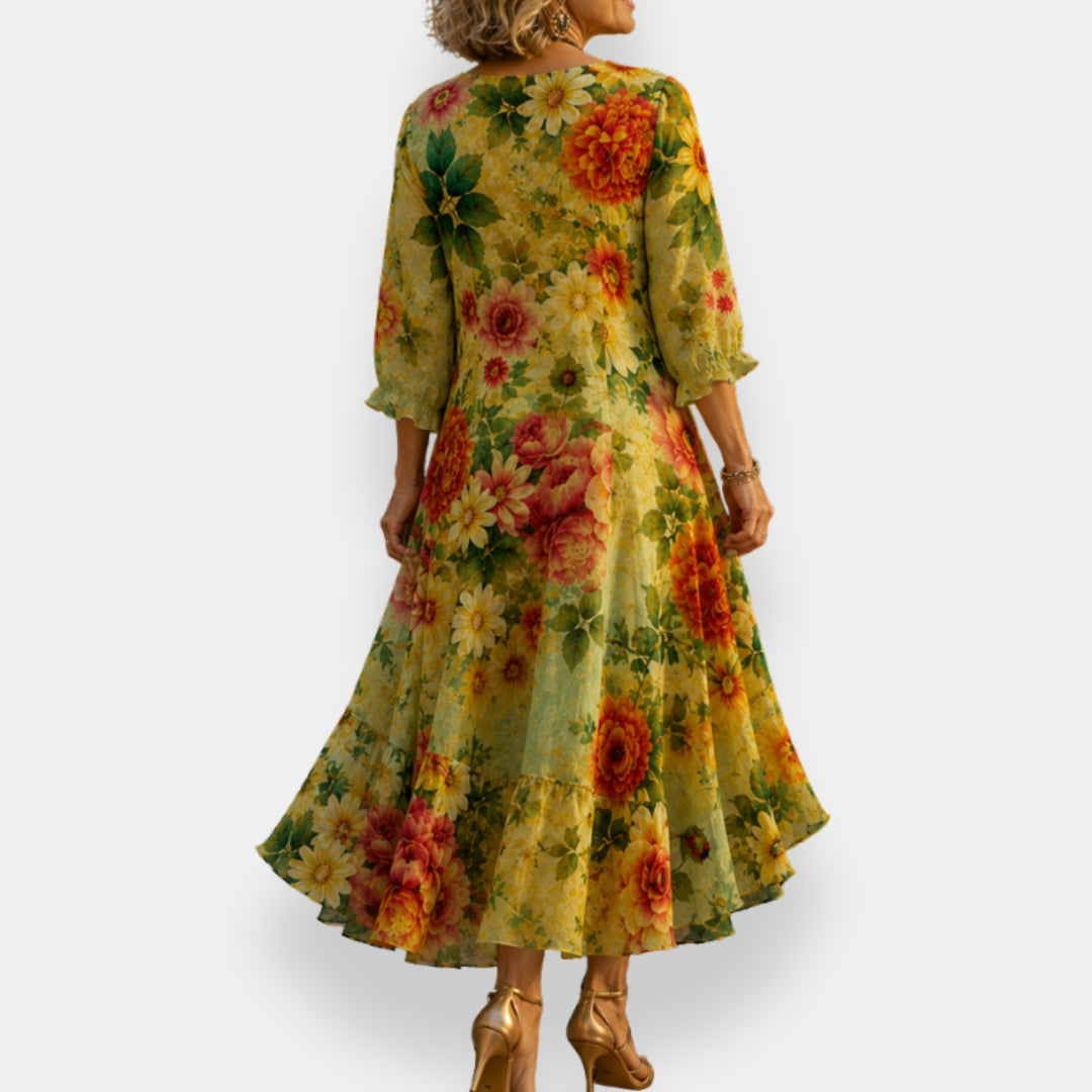 Emila | Floral V-Neck Three-Quarter Sleeve Maxi Dress