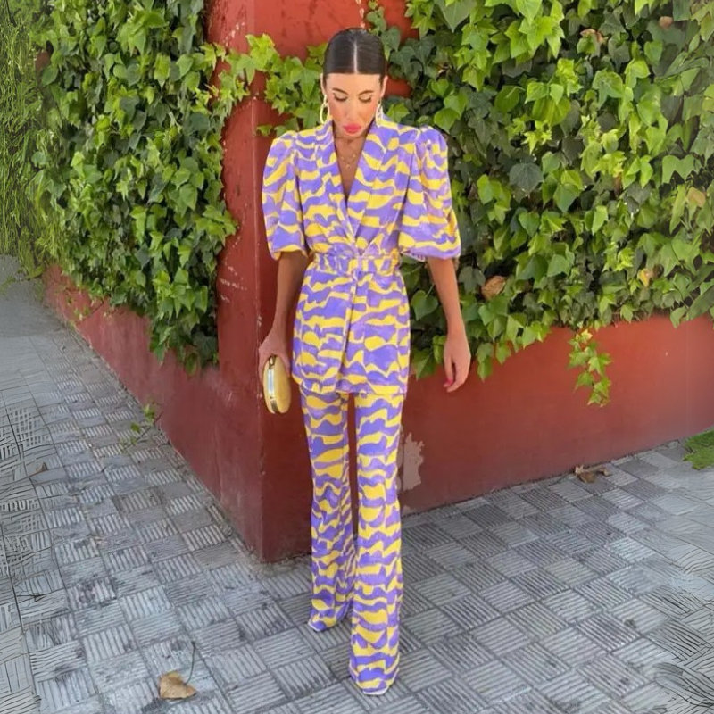 Missy | Printed Puff Sleeve Belted Pants Set