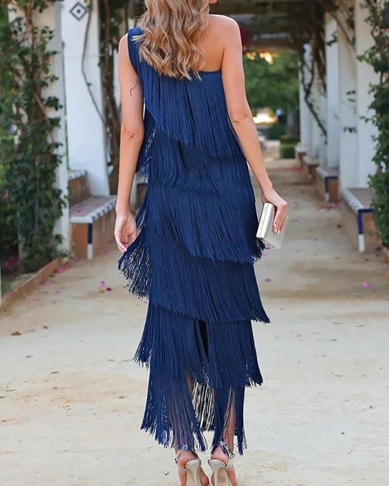 Tamira | One Shoulder Fringe Midi Dress