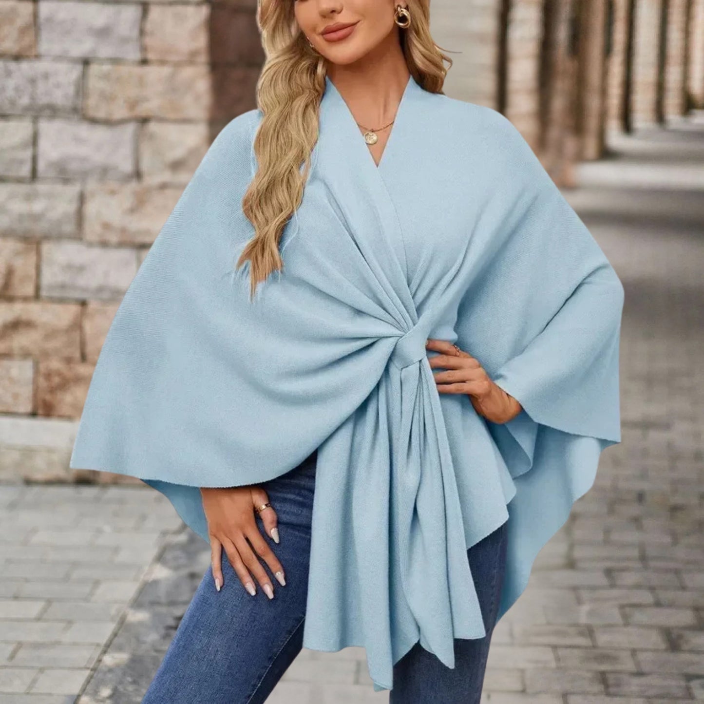 Helin | V-Neck Knotted Front Wrap Poncho