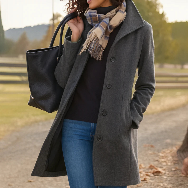 Quendra | Long Sleeve Button Front Mid-Length Coat