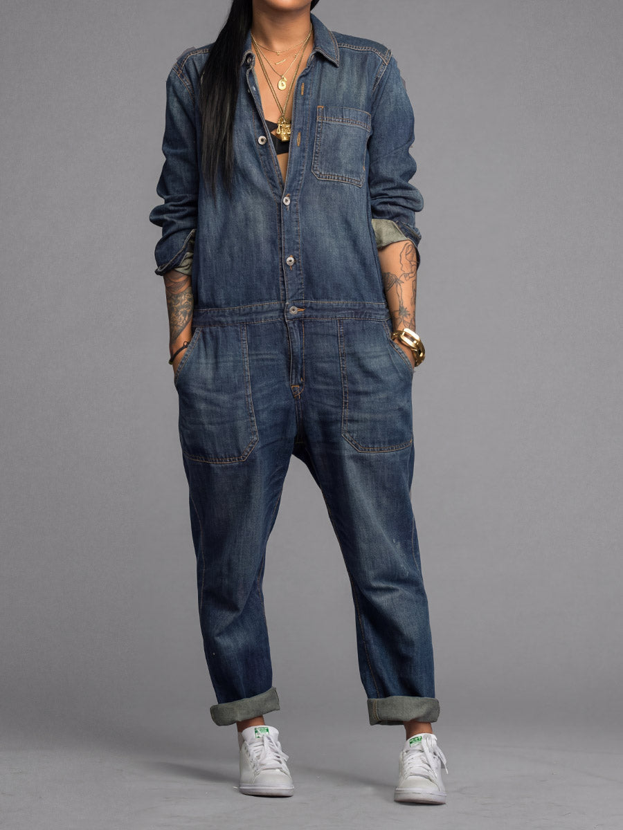 Ravina - Button Front Long Sleeve Utility Jumpsuit