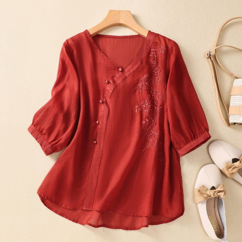 Loreen - Asymmetrical Button 3/4 Sleeve Tunic Blouse