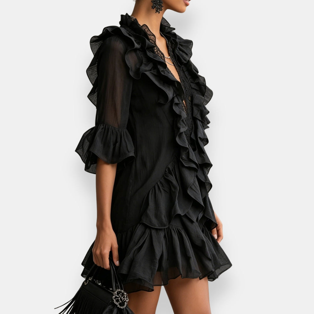 Lussina | Short Ruffle Trim V-Neck Mini Dress