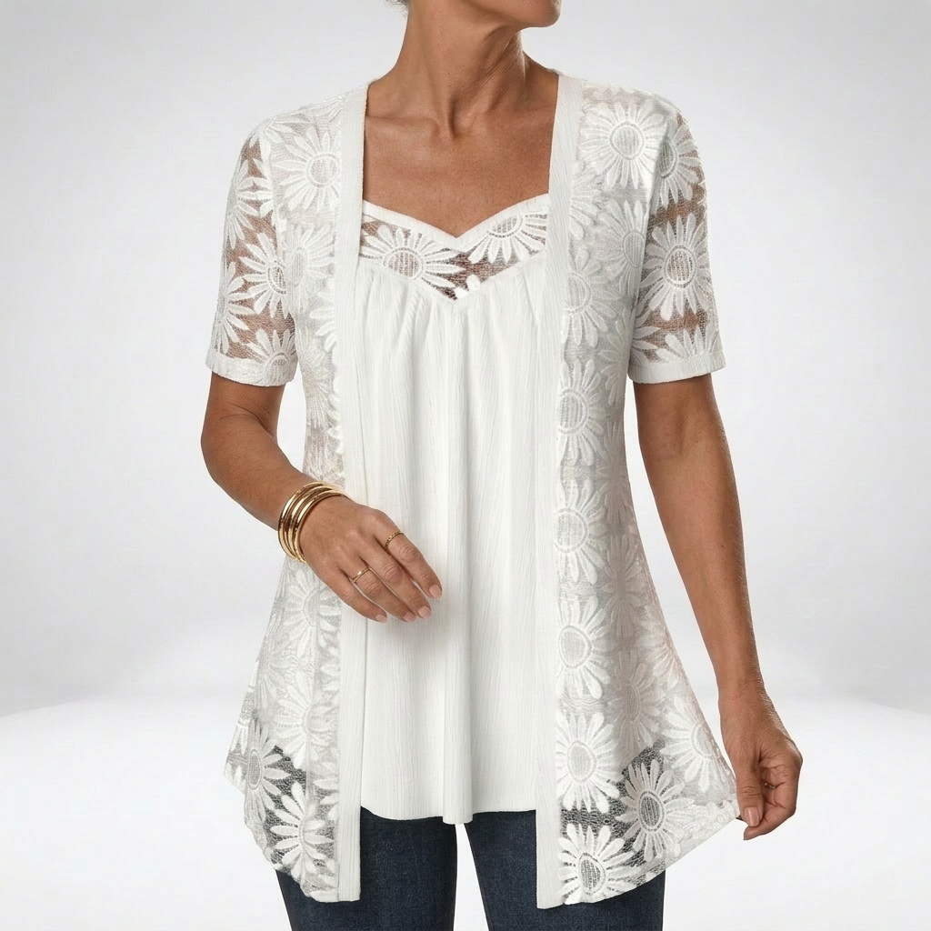 Linnia | Tunic Top White Floral Lace Overlay