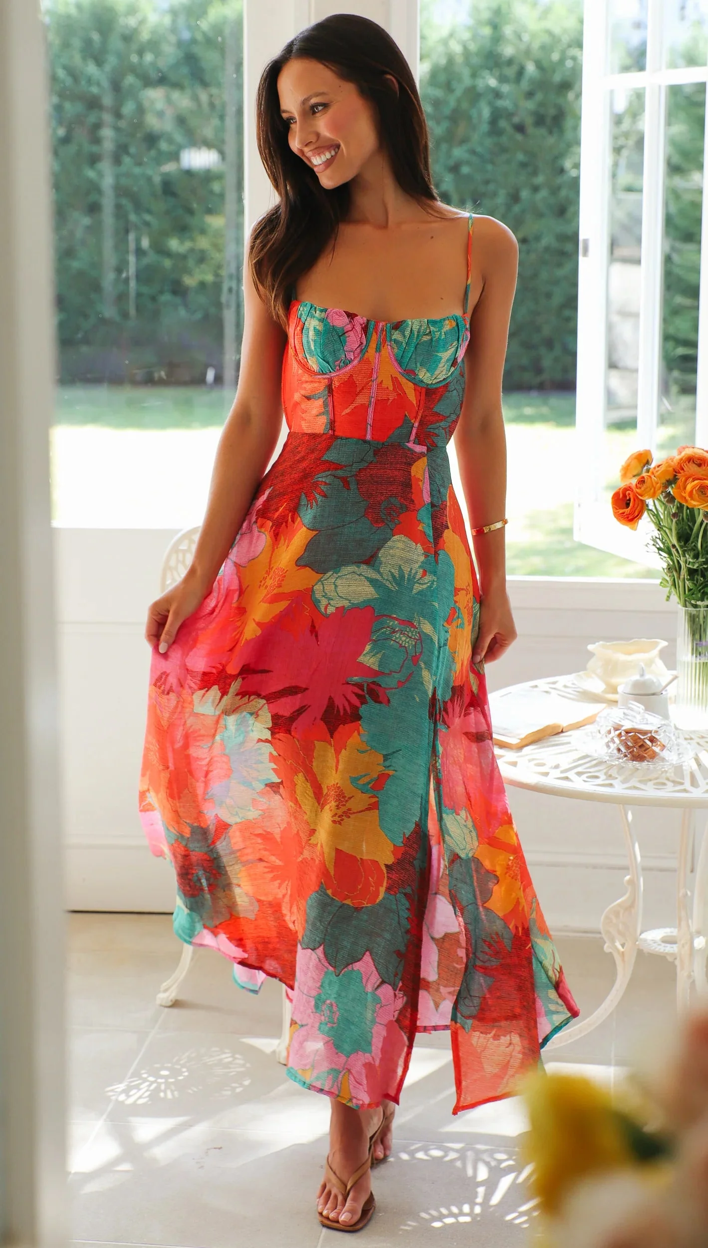Kaitlyn | Floral Print Strappy Maxi Split Dress