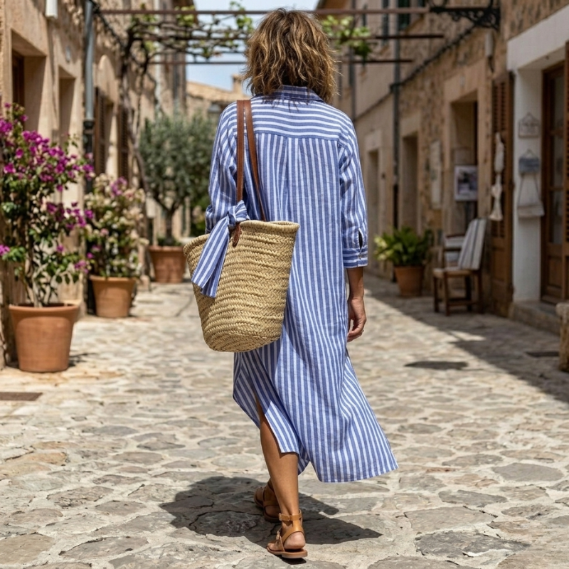 Hermien | Shirt Dress Long-Sleeve Striped Midi Style