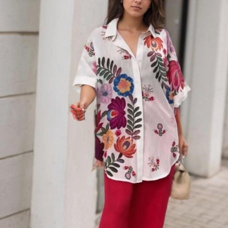 Rossella | Floral Print Short Sleeve Long Blouse