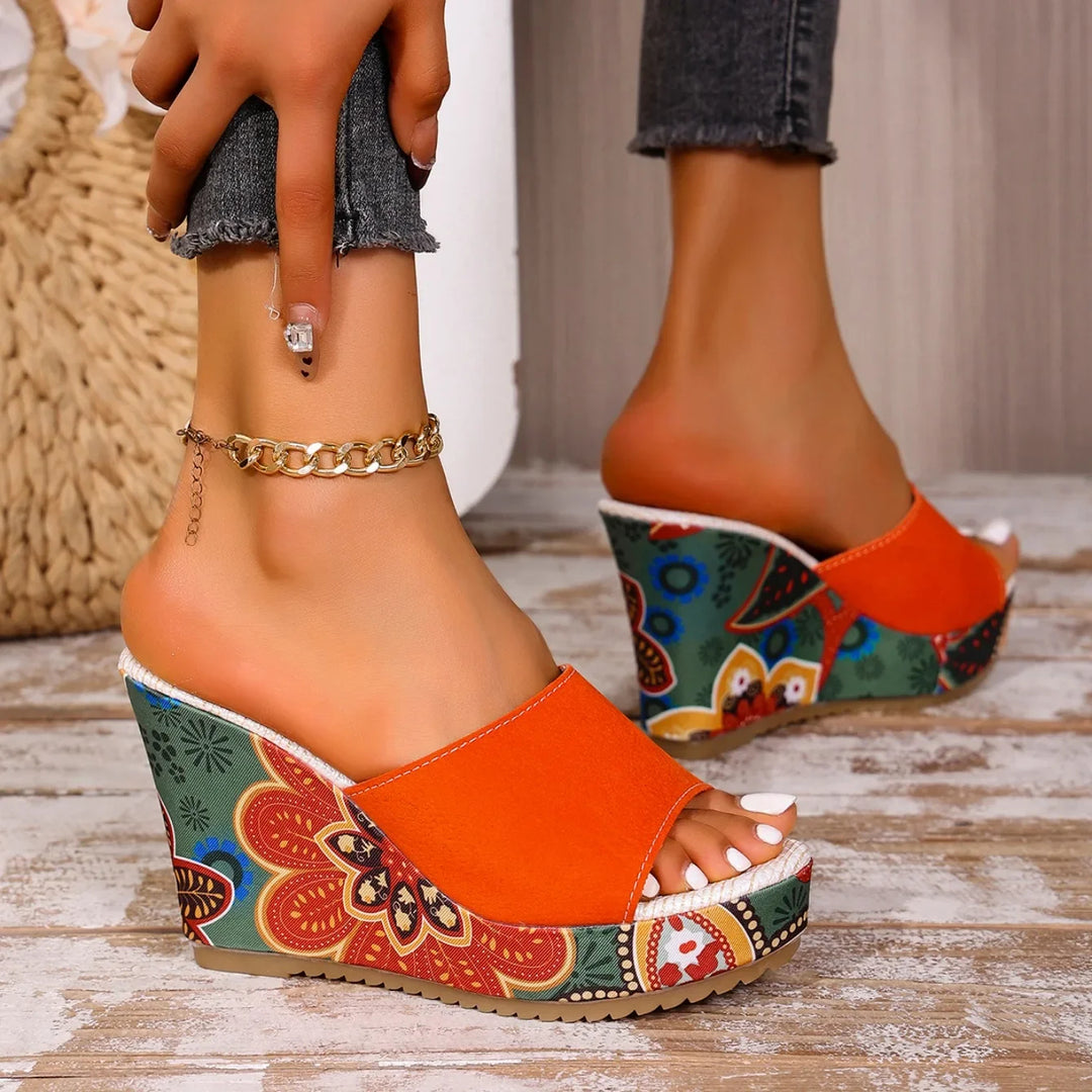 Laerke - Floral Print Platform Wedge Slide Sandals