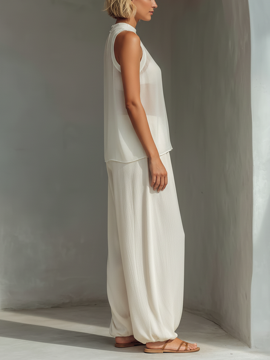 Olivian | Sleeveless Sheer Wide Leg Two piece Set