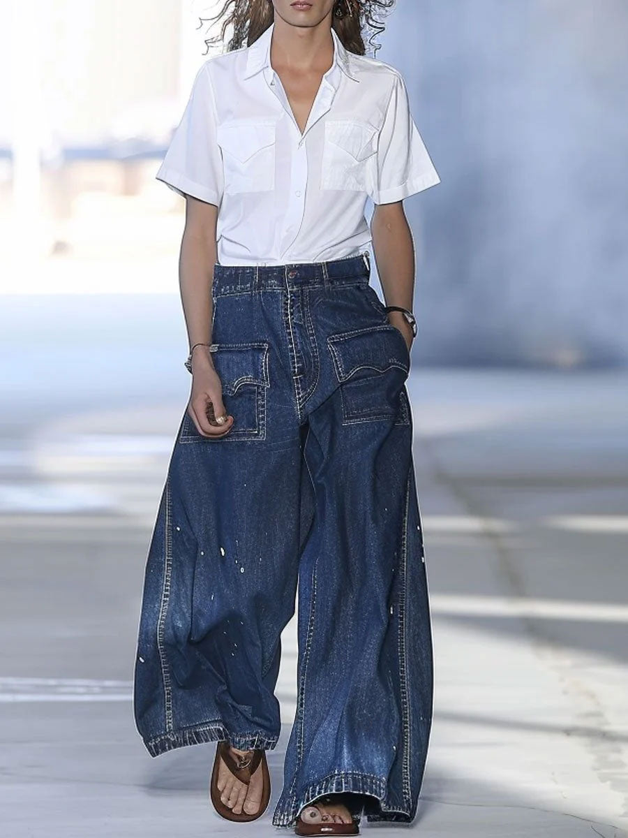 Azize | Dark Blue Wide Leg Denim Pants