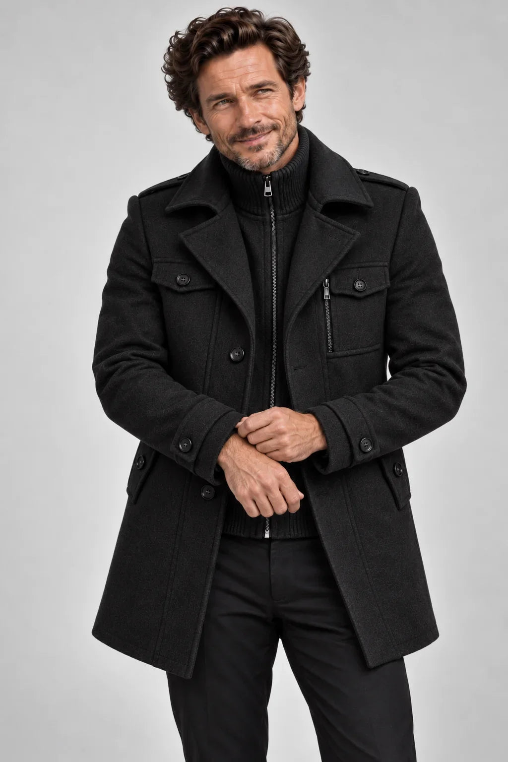 Erasmo | Coat with Notched Lapels and Ribbed Collar