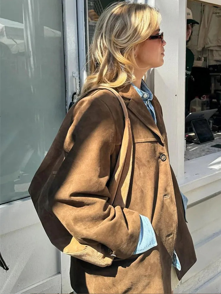 Gladyis | Jacket Brown Long Sleeve Button Front Suede-Like