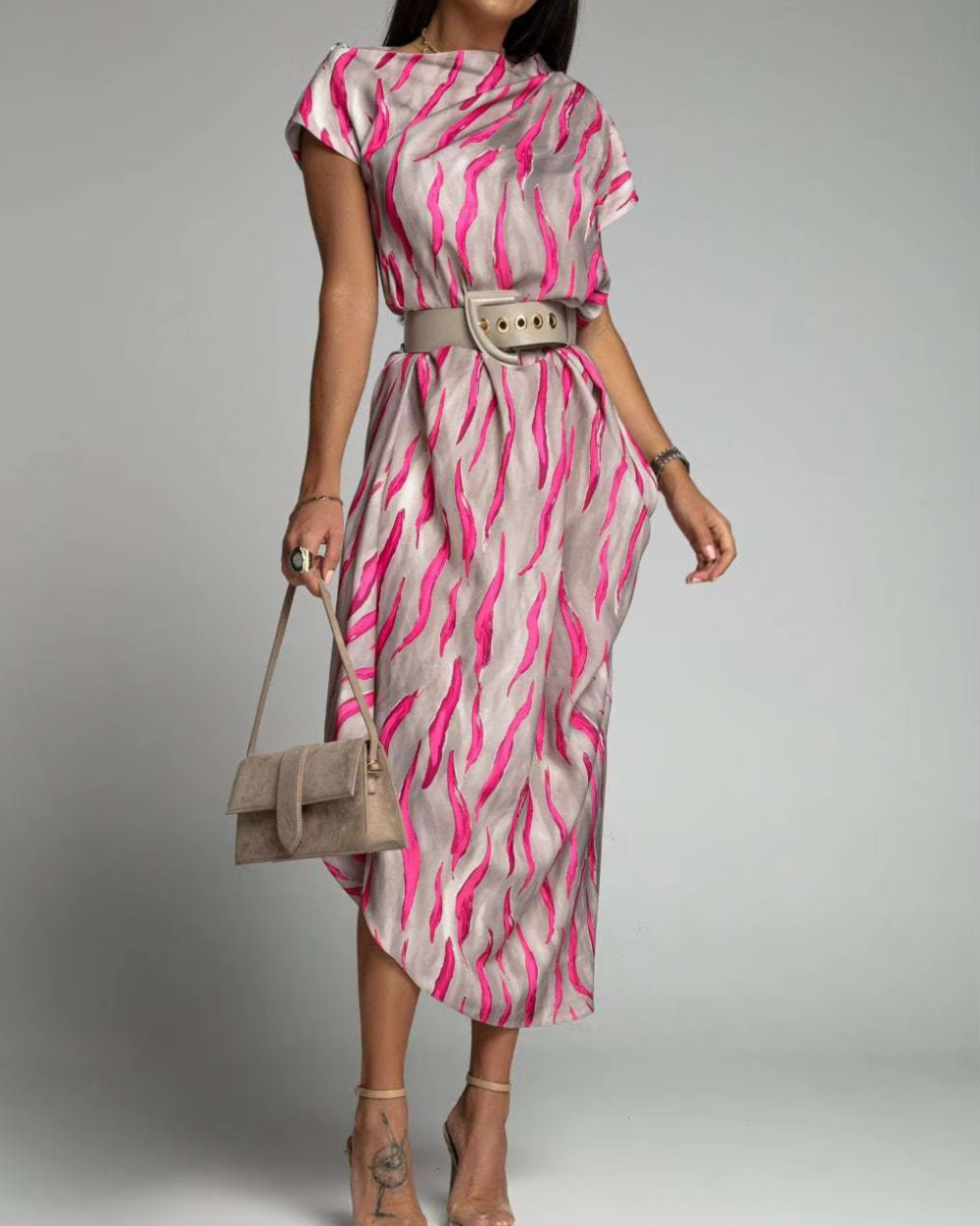 Angie - Asymmetric Printed Midi Dress Belted