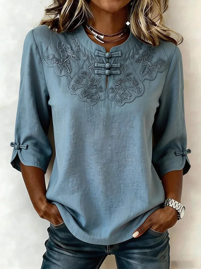 Nozilia - Floral Embroidered Half Sleeve Blouse