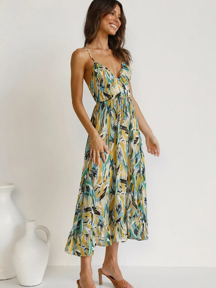 Emmeline | Printed Sleeveless V Neck Midi Dress