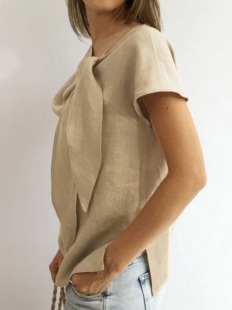 Jovea | Draped Tie-Neck Short Sleeve Top