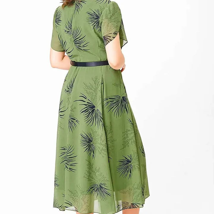 Basma | Leaf Print Short Sleeve Midi Dress