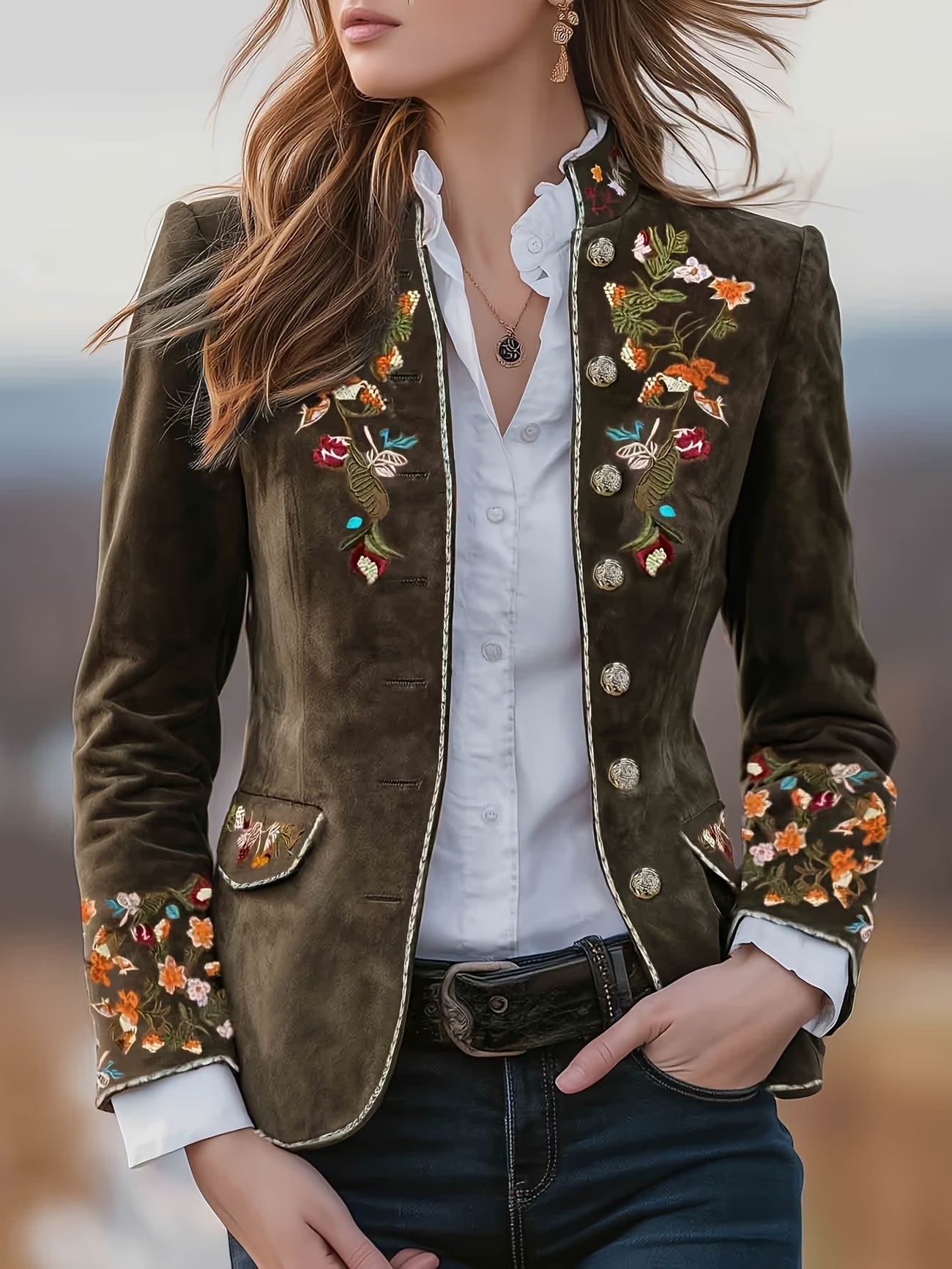 Anisaa | Embroidered Button Front Stand Collar Jacket
