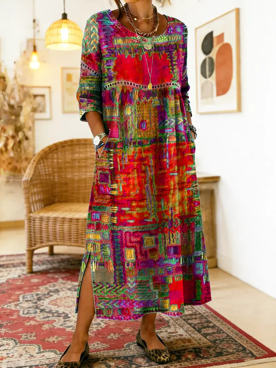 Nihada | Midi Dress Round Neck Abstract Print